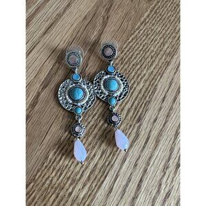 Turquoise Gemstone Drop Earrings Silver Toned Pink Stone 2.5" Ethnic Jewelry